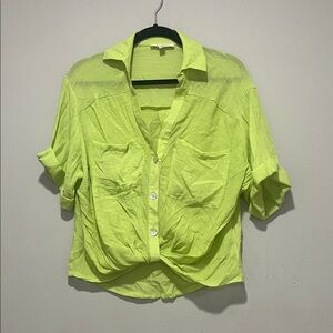 Lily Star Neon Lime Short-Sleeve Button-Down Twist Hem Shirt